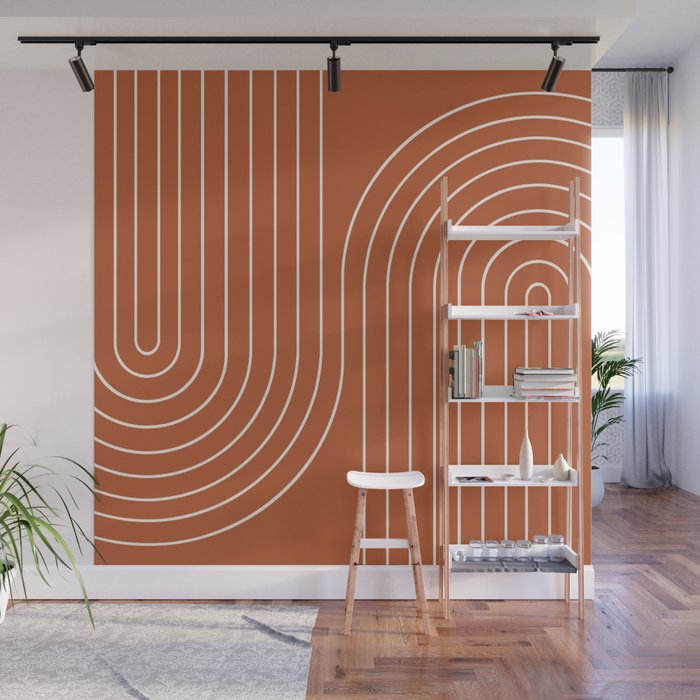Minimal Line Curvature IX Red Mid Century Modern Arch Abstract Wall Mural