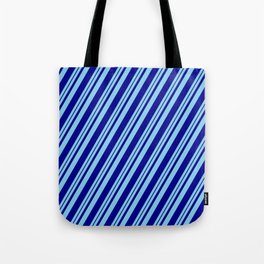 [ Thumbnail: Sky Blue and Dark Blue Colored Stripes Pattern Tote Bag ]