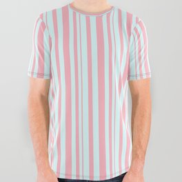 [ Thumbnail: Light Cyan and Light Pink Colored Striped Pattern All Over Graphic Tee ]