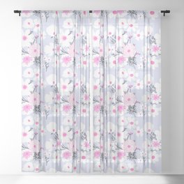 Retro Modern Spring Wildflowers Pastel Blue Sheer Curtain