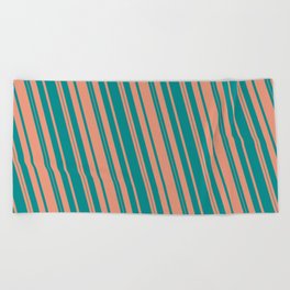 [ Thumbnail: Dark Cyan and Dark Salmon Colored Lined/Striped Pattern Beach Towel ]
