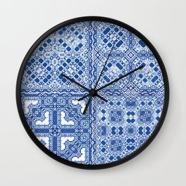 Traditional ornate portuguese azulejos. Fashionable design. Kit of vintage seamless patterns. Blue abstract background Wall Clock