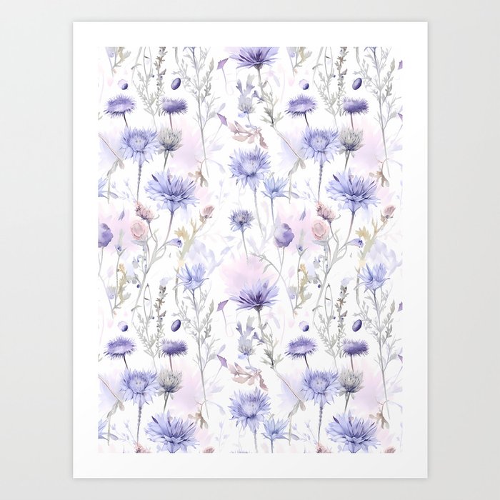 Watercolor Purple Wildflowers Pattern Art Print