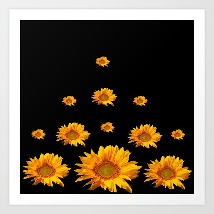Raining Golden Yellow Sunflowers Black Color Art Print By Sharlesart Society6