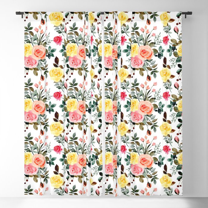 Red Pink and yellow watercolor rose Blackout Curtain