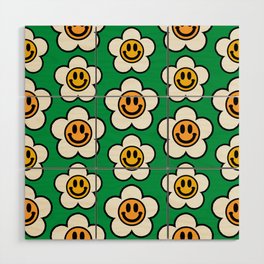 Bold And Funky Flower Smileys Pattern (Green BG) Wood Wall Art