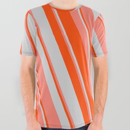 [ Thumbnail: Red, Light Grey & Salmon Colored Striped/Lined Pattern All Over Graphic Tee ]