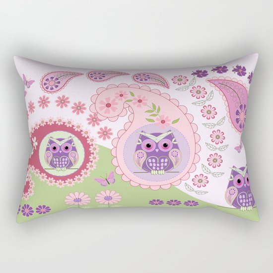 Retro paisley shapes with cute owls and flowers Rectangular Pillow