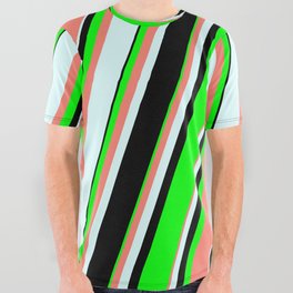 [ Thumbnail: Lime, Salmon, Light Cyan, and Black Colored Striped Pattern All Over Graphic Tee ]