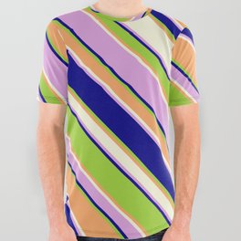 [ Thumbnail: Eyecatching Green, Brown, Beige, Plum & Blue Colored Stripes Pattern All Over Graphic Tee ]