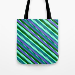 [ Thumbnail: Aquamarine, Teal, Slate Blue, and Dark Green Colored Striped Pattern Tote Bag ]