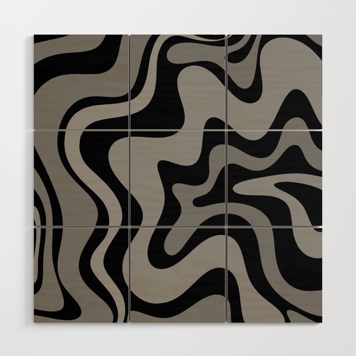 Retro Liquid Swirl Abstract Pattern in Black and Gray Wood Wall Art