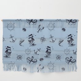 Pale Blue And Blue Silhouettes Of Vintage Nautical Pattern Wall Hanging
