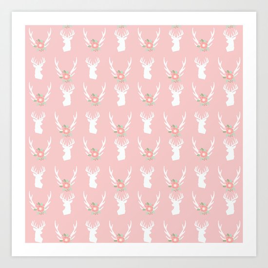 Deer head silhouette with antler flower floral bouquet minimal nursery home decor Art Print