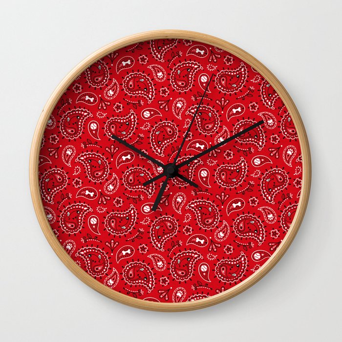 Retro Dog Paisley - Red Wall Clock