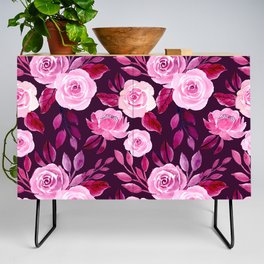 Pink Watercolor Roses - Dark Florals Credenza