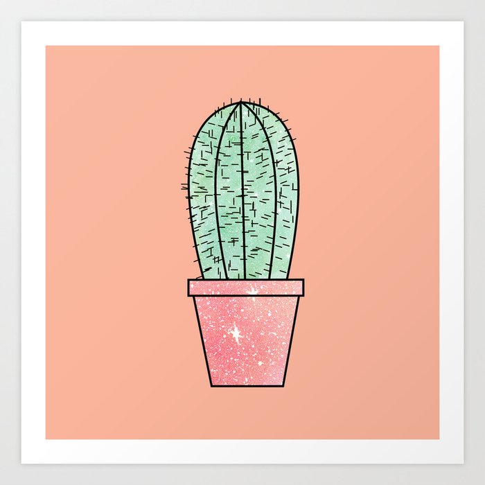 Cute Faux Sparkly Cactus on Coral Pink Art Print
