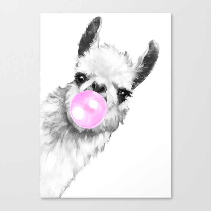 Bubble Gum Sneaky Llama Black and White Canvas Print