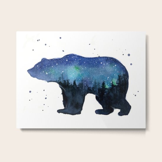 Forest Bear Silhouette Watercolor Galaxy Metal Print By Olechka