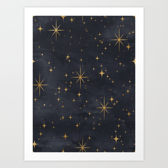 Gold Stars Black Ink Night Sky Magical Mid Century Pattern Art Print
