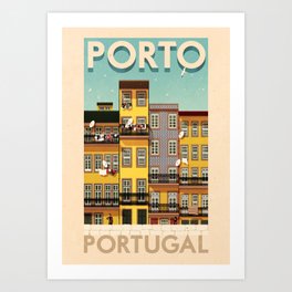 Portugal - Porto Art Print | Porto, Vintage, Illustration, Painting, Ribeira, Digital, Portugal, Travel, Architecture, Graphic Design 