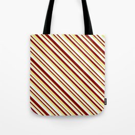 [ Thumbnail: Maroon, Tan, and Mint Cream Colored Stripes Pattern Tote Bag ]