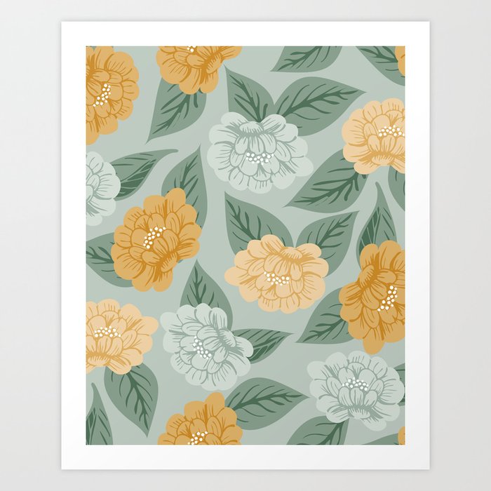 Into the meadow - light blue and yellows Art Print