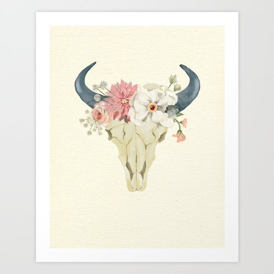 Bull skull floral tribal watercolor Art Print