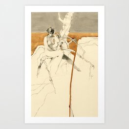 Nude Female Figure Drawing and Tree with Copper Grey Watercolour Art Print