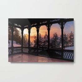 Wooden openwork gallery with sunset view Metal Print | Gallery, Pine, Dusk, Orange, Wooden, Oil, Nature, Spruce, Sunrise, Evening 