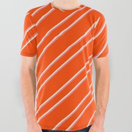 [ Thumbnail: Red, Beige, and Light Coral Colored Lined/Striped Pattern All Over Graphic Tee ]