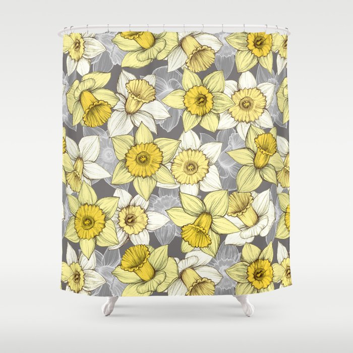 Daffodil Daze - yellow & grey daffodil illustration pattern Shower Curtain