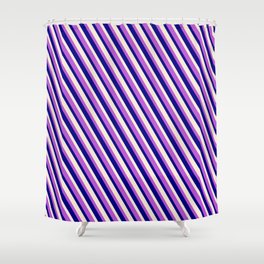 [ Thumbnail: Orchid, Blue & Beige Colored Striped Pattern Shower Curtain ]