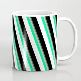 [ Thumbnail: Colorful Forest Green, Plum, Green, White, and Black Colored Lines Pattern Coffee Mug ]