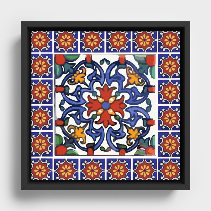 Talavera Mexican tile inspired bold design in blue, green, red, orange Framed Canvas