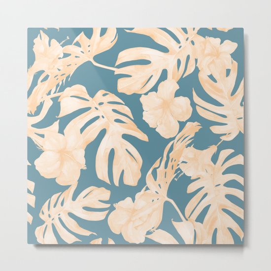 Island Vacay Hibiscus Palm Leaf Coral Teal Blue Metal Print
