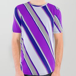 [ Thumbnail: Lavender, Dark Blue, Dark Violet, and Dark Grey Colored Lined Pattern All Over Graphic Tee ]