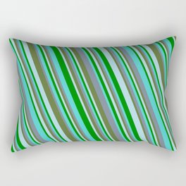 [ Thumbnail: Turquoise, Slate Gray, Dark Olive Green, Light Blue, and Green Colored Striped/Lined Pattern Rectangular Pillow ]