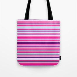 [ Thumbnail: Colorful Hot Pink, Deep Pink, Powder Blue, Purple, and Lavender Colored Lined Pattern Tote Bag ]