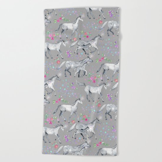 Unicorns and Stars on Soft Grey Beach Towel