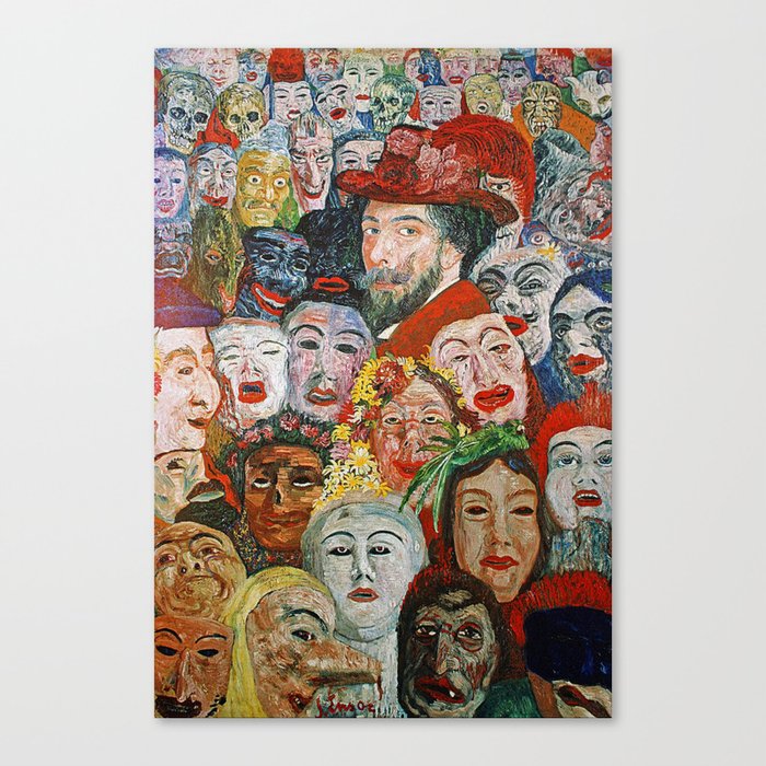 A face in the crowd; Ensor with Masks, self-portrait, Ensor aux masques grotesque art portrait painting by James Ensor Canvas Print