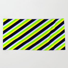 [ Thumbnail: Colorful Blue, Lavender, Green, Yellow, and Black Colored Stripes Pattern Beach Towel ]