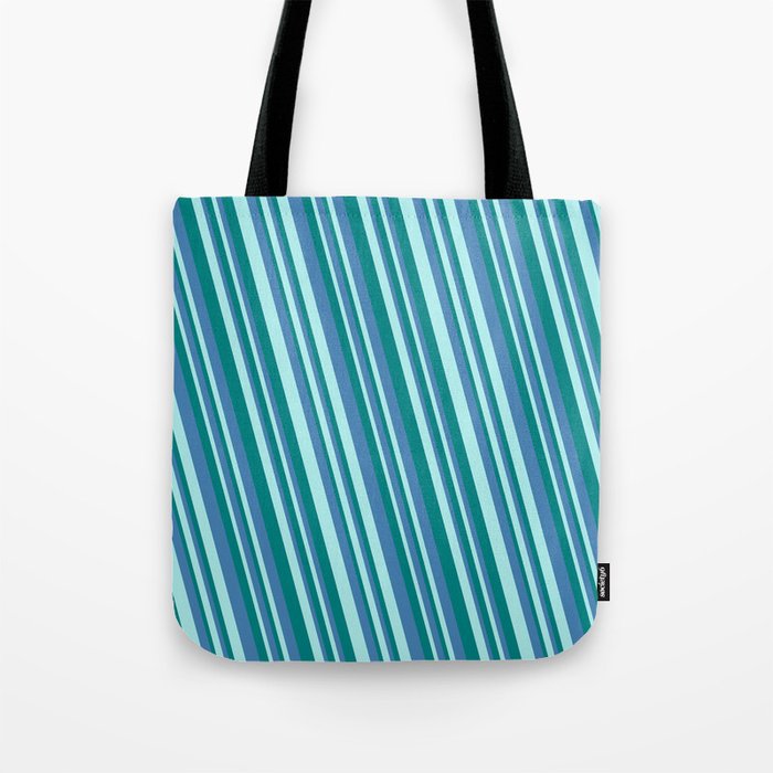 Turquoise, Teal, and Blue Colored Lined/Striped Pattern Tote Bag