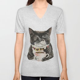 Purrfect Morning , cat with her coffee cup V Neck T Shirt