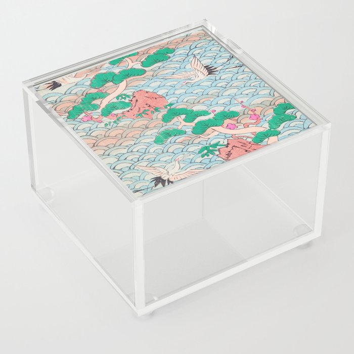 Japanese Cranes on Waves Vintage Pattern Acrylic Box