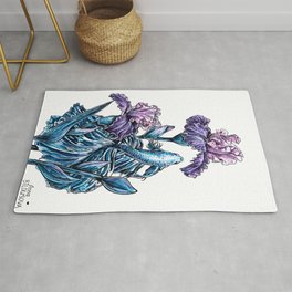Calming picture, blue decorative cockerel fish, purple iris flowers illustration Rug
