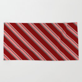 [ Thumbnail: Light Coral, Dim Grey & Maroon Colored Pattern of Stripes Beach Towel ]