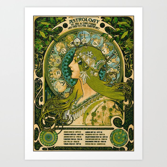 Emerald Green Vintage Astrology Poster | Alphonse Mucha  Art Print