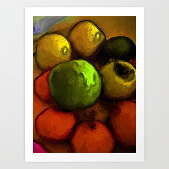 Green Apple with Gold Apples and Orange Mandarins Art Print