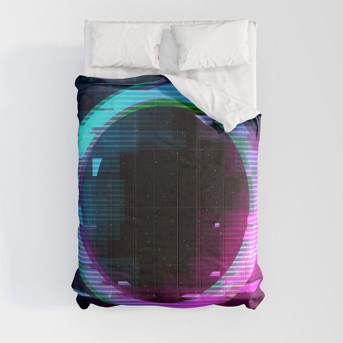 Synthwave Vaporwave Retrowave Glitch Circle with blue and pink glows with smoke and particles on laser grid space background.  Comforter